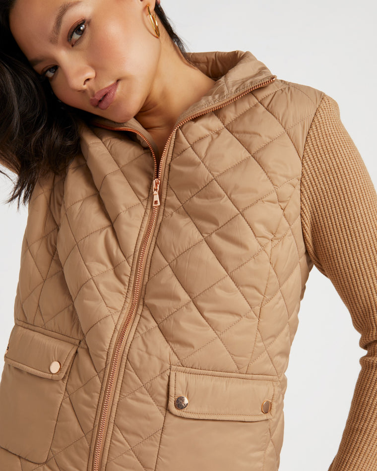 Camel $|& Jaclyn Smith Quilted Zip Jacket with Ribbed Sleeves - SOF Detail