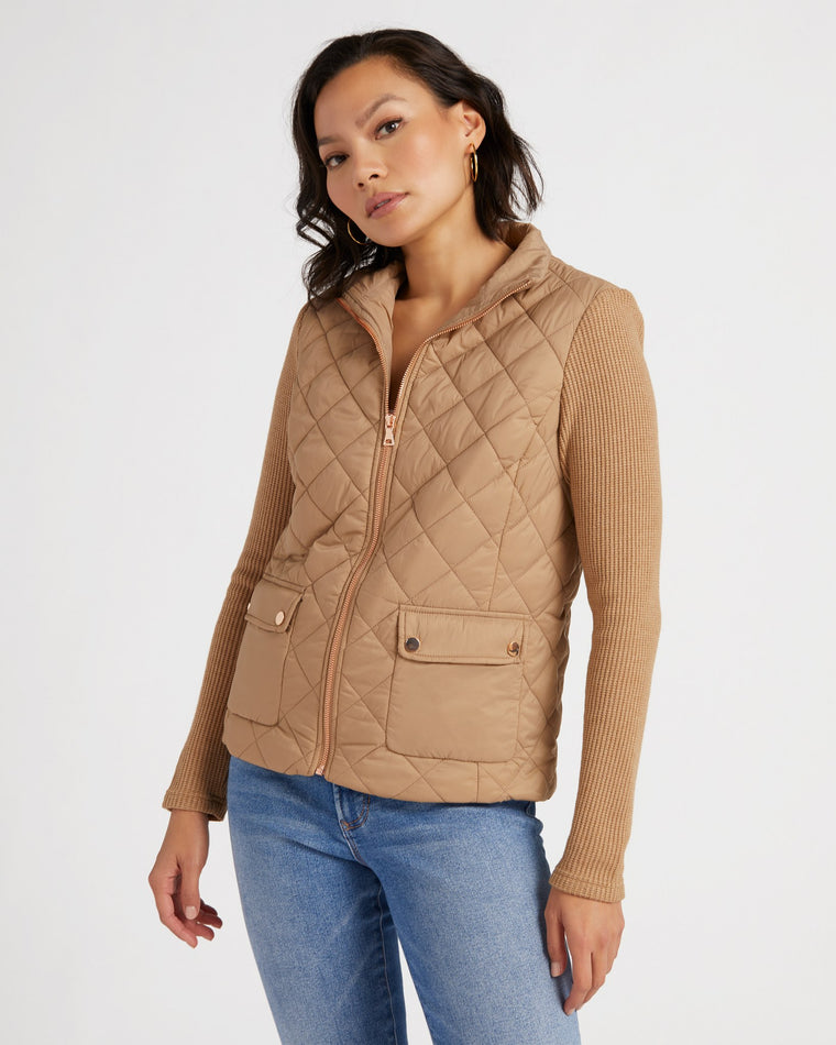 Camel $|& Jaclyn Smith Quilted Zip Jacket with Ribbed Sleeves - SOF Front