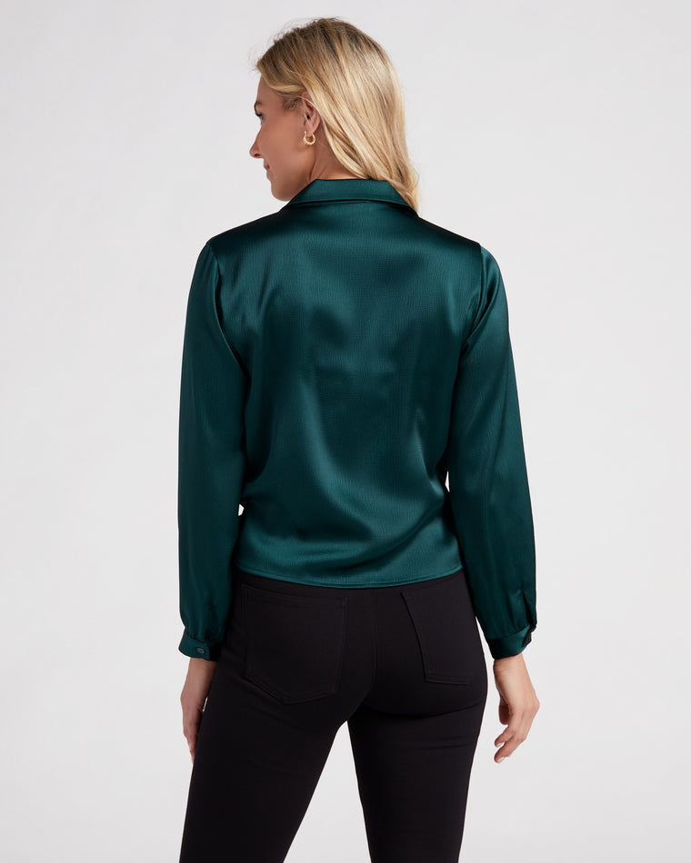 Hunter Green $|& Lush Long Sleeve Collared Surplice Top with Side Tie - SOF Back