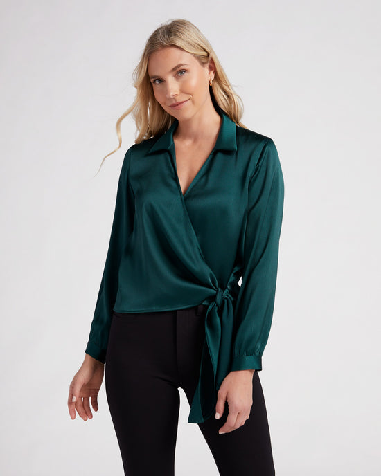 Hunter Green $|& Lush Long Sleeve Collared Surplice Top with Side Tie - SOF Front