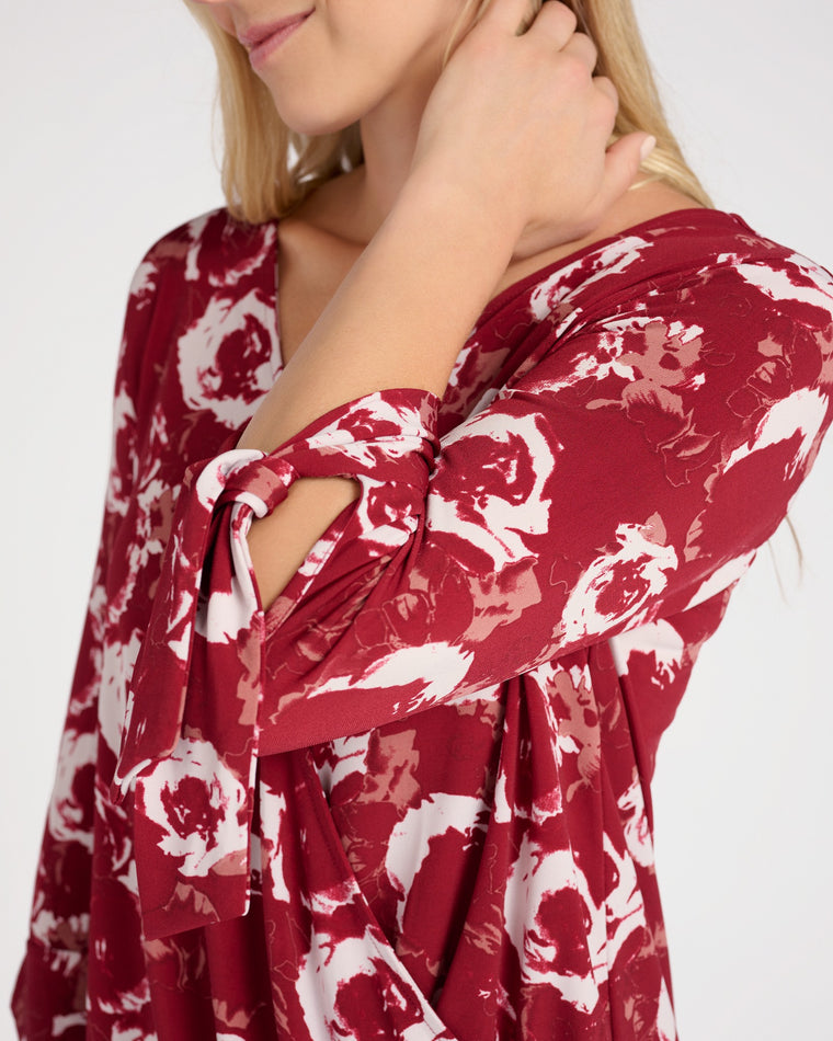 Wine $|& West Kei Floral Knit Wrap Blouse with Tie - SOF Detail