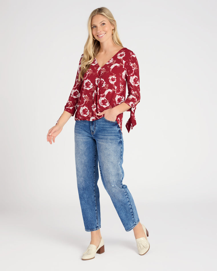 Wine $|& West Kei Floral Knit Wrap Blouse with Tie - SOF Full Front