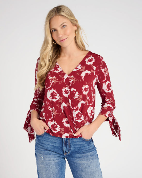 Wine $|& West Kei Floral Knit Wrap Blouse with Tie - SOF Front