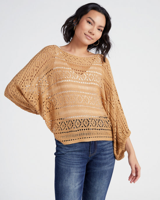 Camel $|& Cozy CO Open Knit Dolman Sleeve Cover Up Pullover - SOF Front