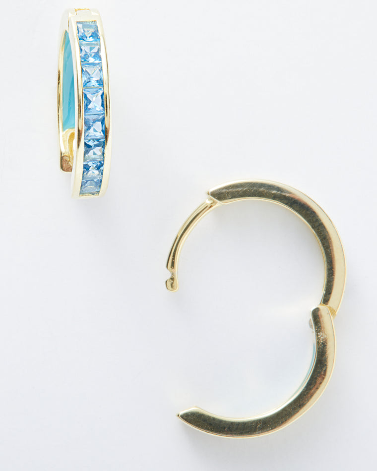 Gold Plated/Aqua $|& Marlyn Schiff Colored CZ Huggies with Enamel Detail - Hanger Detail