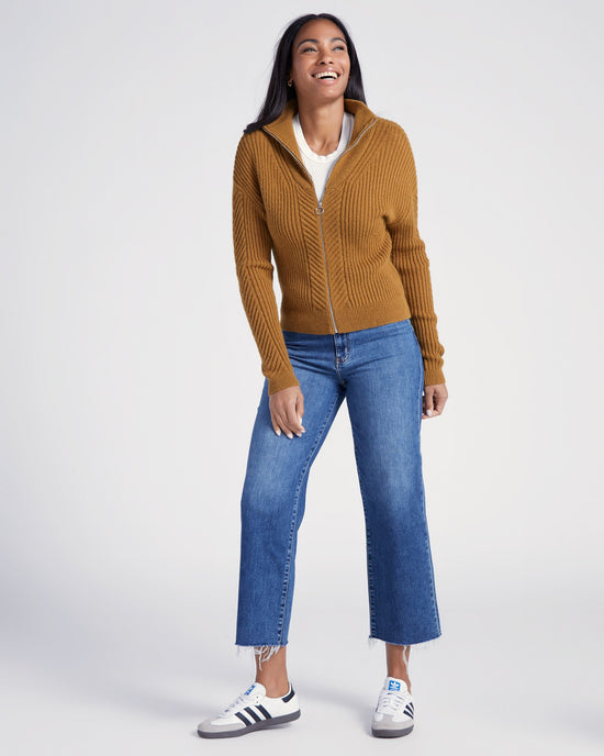 Khaki $|& Herizon Funnel Neck Full Zip Sweater - SOF Full Front