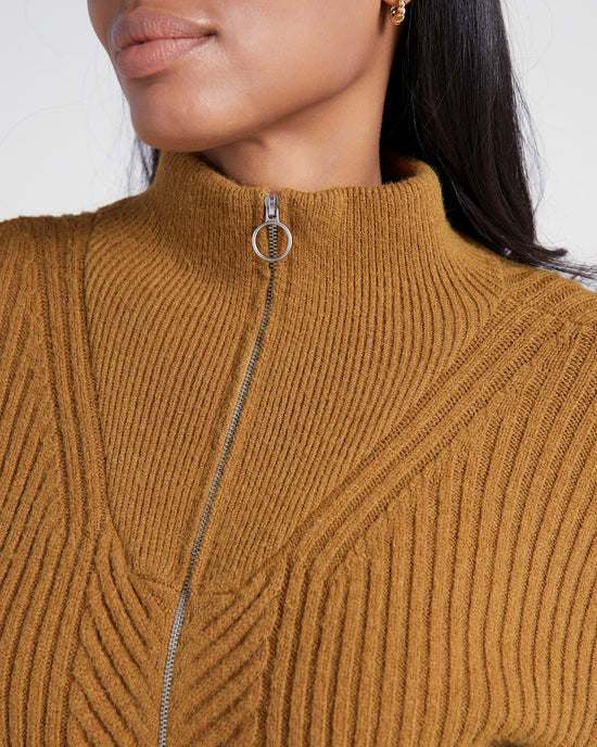 Khaki $|& Herizon Funnel Neck Full Zip Sweater - SOF Detail