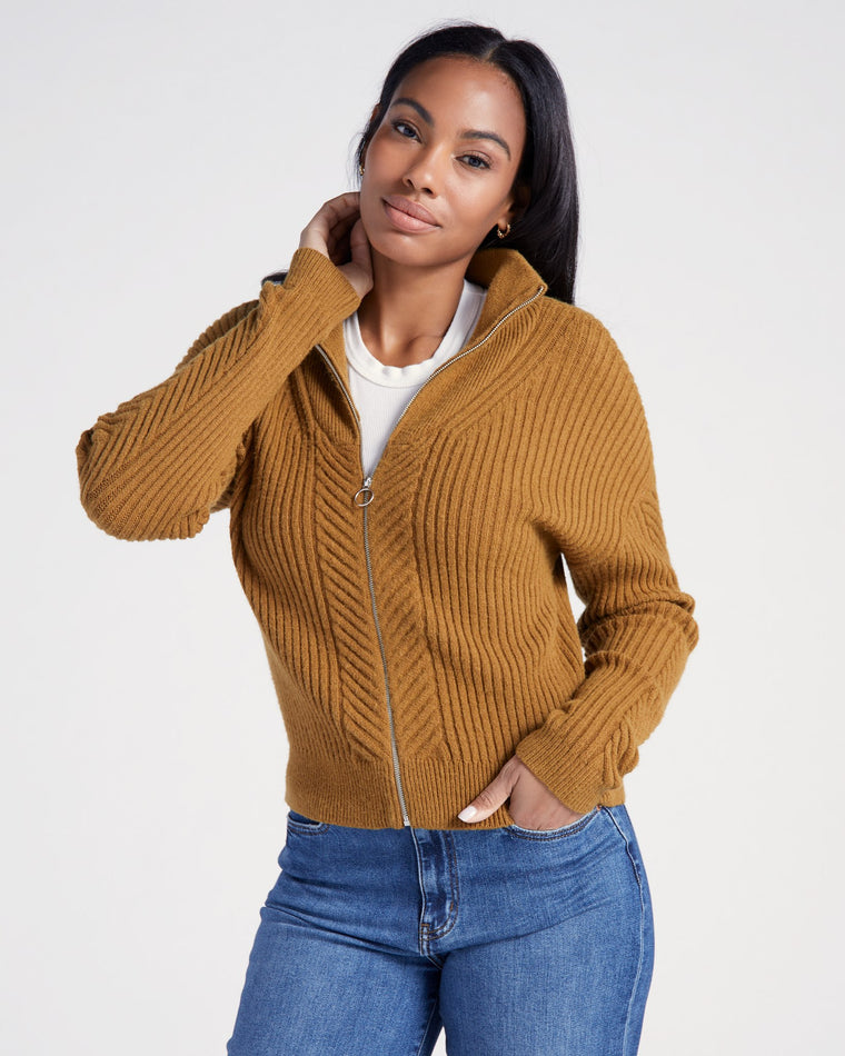 Khaki $|& Herizon Funnel Neck Full Zip Sweater - SOF Front