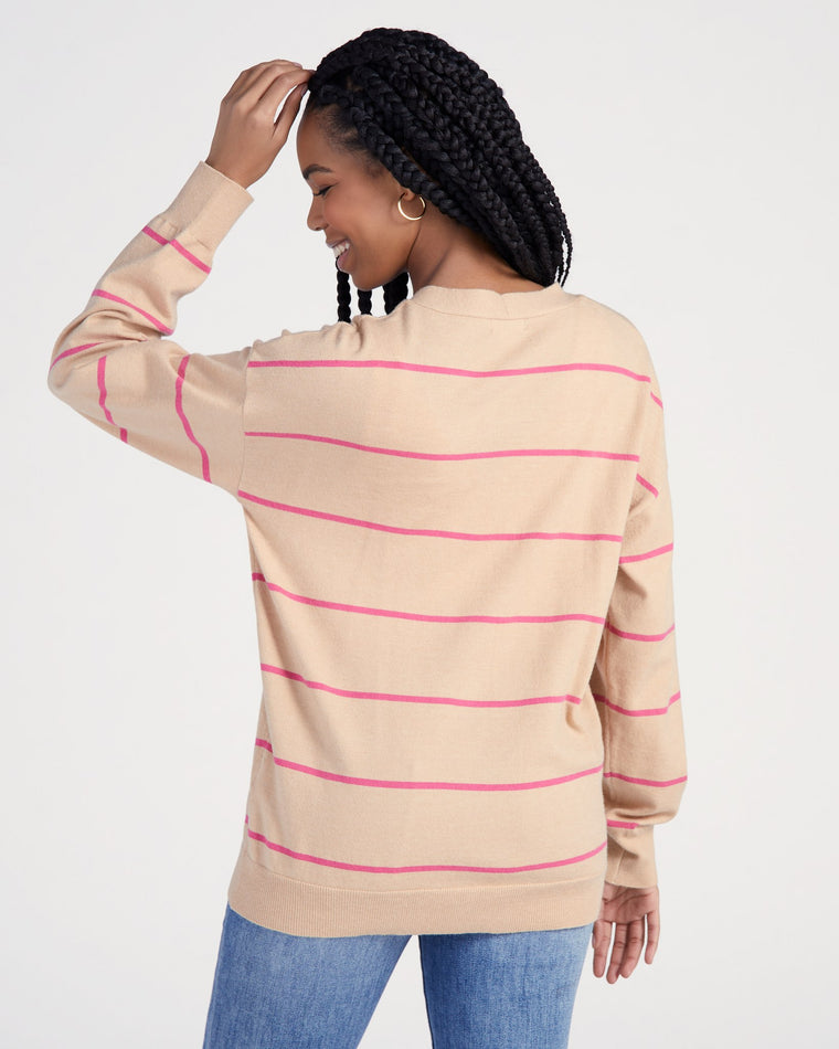 Oatmeal/Pink $|& Vigoss Striped Cardigan - SOF Back