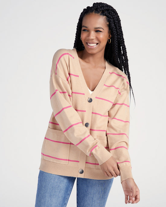 Oatmeal/Pink $|& Vigoss Striped Cardigan - SOF Front