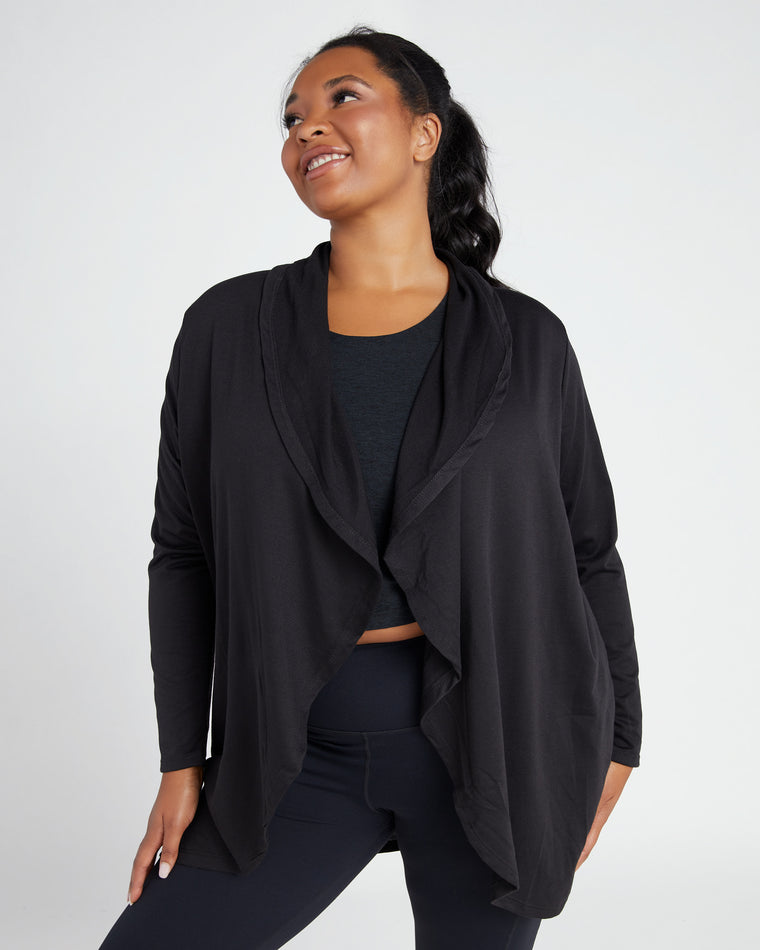 Black $|& COIN 1804 French Terry Draped Cardigan - SOF Front