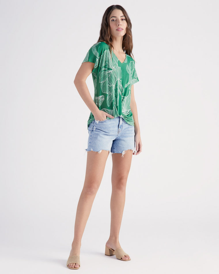 Green Leaves $|& West Kei Floral Knit Short Sleeve Twist Front Top - SOF Full Front