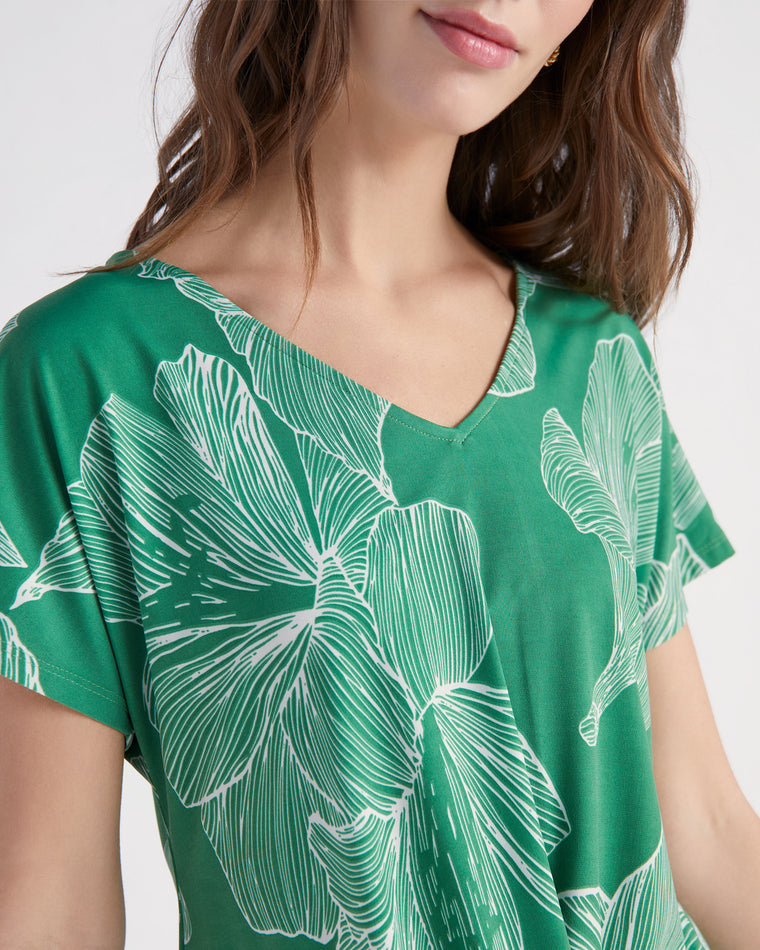 Green Leaves $|& West Kei Floral Knit Short Sleeve Twist Front Top - SOF Detail