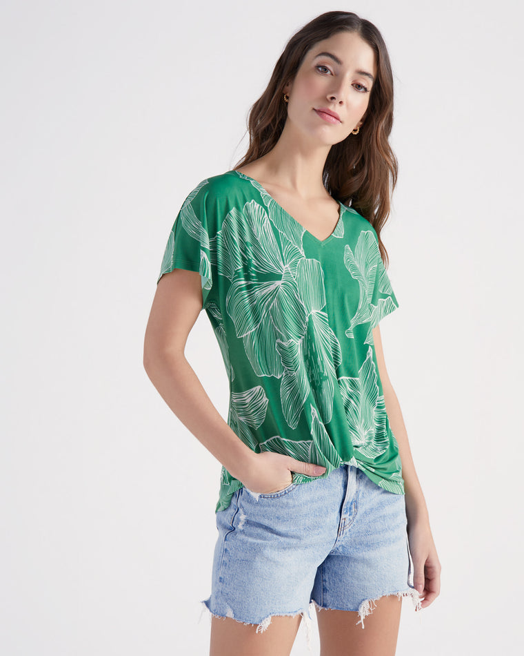 Green Leaves $|& West Kei Floral Knit Short Sleeve Twist Front Top - SOF Front