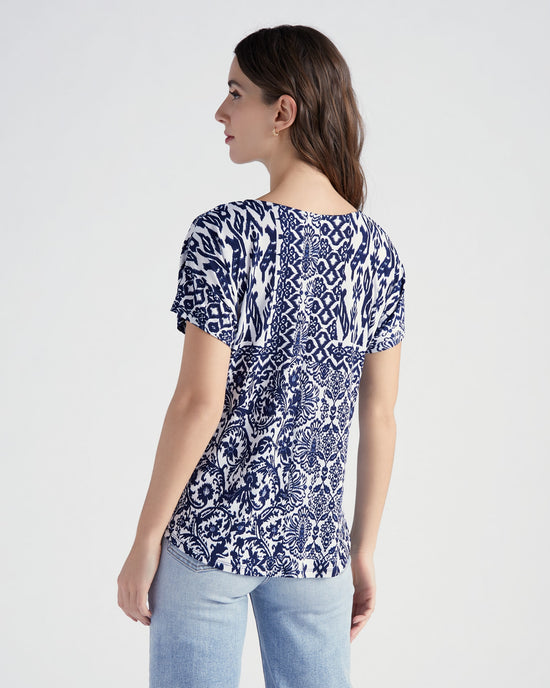 Navy White $|& West Kei Floral Knit Short Sleeve Twist Front Top - SOF Back