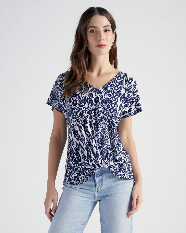 Navy White $|& West Kei Floral Knit Short Sleeve Twist Front Top - SOF Front